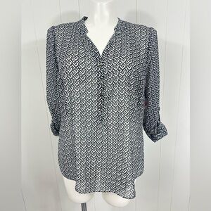 NWT A.N.A 1X Geometric Sheer Blouse Tunic 1/2 Button Roll Tab Long Sleeve V-neck